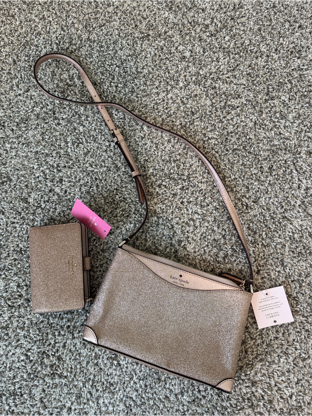 Kate Spade Rose Gold Glitter Crossbody With Matching Bifold Wallet Set